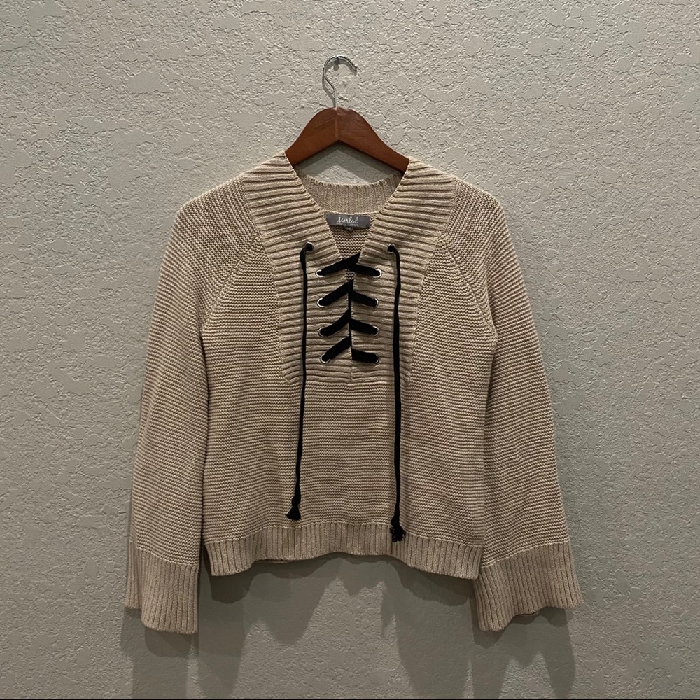 Marled brand black tie front tan chunky sweater